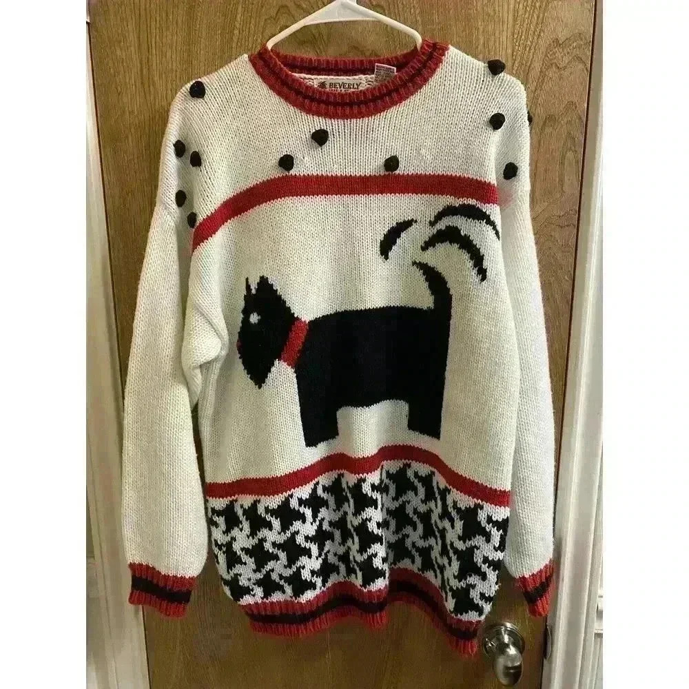 Vintage 90s Scottie Dog Knit Sweater By Beverly Hills Zoo Houndstooth Scottish L